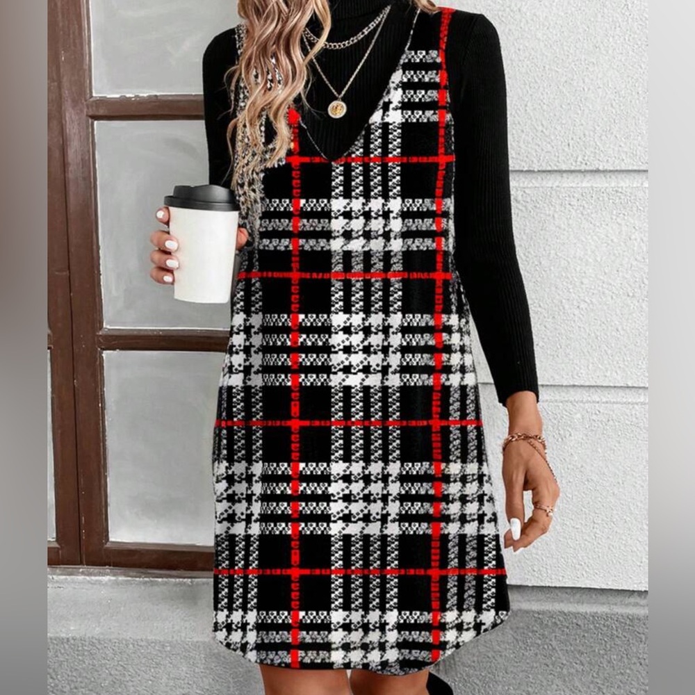 Black, Red & White Plaid Jumper Dress. Sz 14 New. Shein